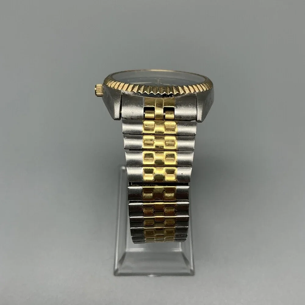 Consort Mens Watch 35mm Black Dial Two Tone Fluted Bezel Stretch New Battery